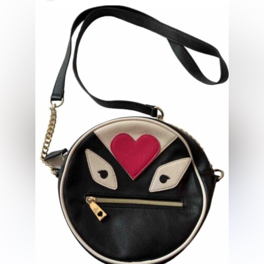 Black Circle Crossbody Bag with Pink Heart Accent